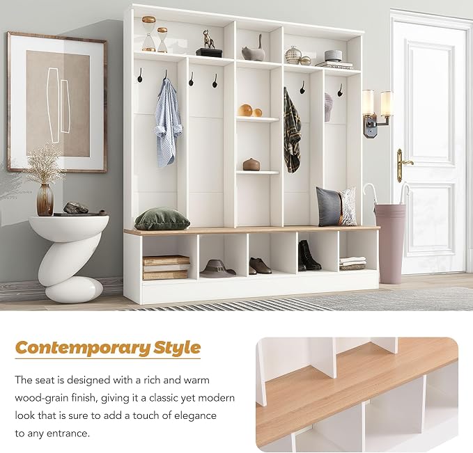 Merax 66.9" Wide Hall Tree with Storage Bench, Shoe Cabinet with Cube, & Shelves, Coat Rack with 8 Hooks for Entryways - Image 5