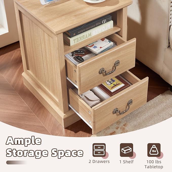 Farmhouse Nightstands Set of 2 with Charger Station, 2 Drawers Night Stand with Storage Shelf, Natural Wood 18" Wide Bedside Table, Rustic Bed Side End Tables for Bedroom, Living Room - Image 8