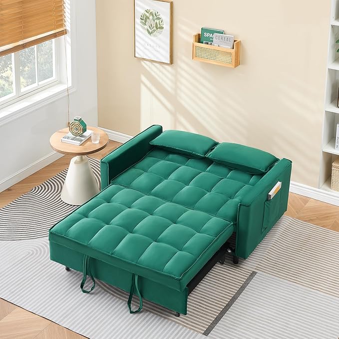 55" Modern Velvet Loveseat Sleeper Sofa, 3-in-1 Convertible Pull-Out Bed with Adjustable Backrest, 2 Pillows & Side Pockets, Small Pull Out Couch for Living Room, Apartment(Green)