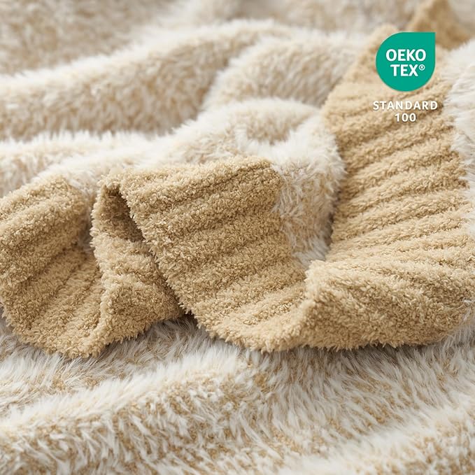 Amélie Home Knit Throw Blanket for Couch, Super Soft Fuzzy Cozy Throw, Giftable Knitted Blanket for Women Men, Birthday, Sofa Bed Living Room Decor, 50" x 60", Heather Beige