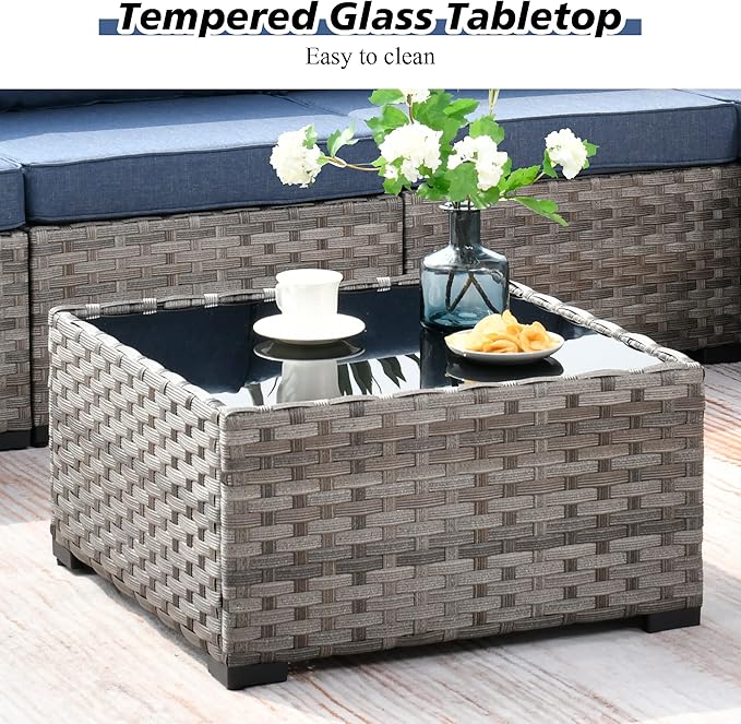 HOOOWOOO 12 Piece Modular Patio Outdoor Sectional Furniture Sofa Set,Wicker Conversation Set,Out Door Couch Set with Wide Arm for Outside All Weather(Denim Blue)