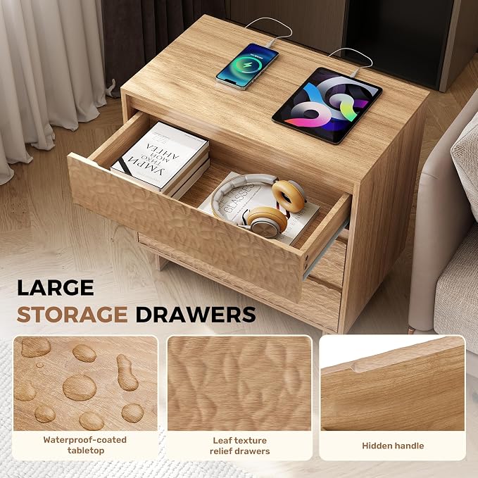 Miereirl Nightstands with Charging Station, Modern Nightstand with 3 Drawers, 26.5" W Wooden End Side Table for Bedroom, Natural Oak - Image 4