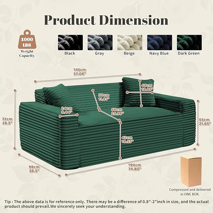 75" Cloud Loveseat Sofa, 26" Deep Seat Boneless Couches for Living Room, Modern 3 Seater Sofa with Throw Pillows, Corduroy Compression Sofa in Box, No Assembly Couch for Bedroom, Dorm, Dark Green