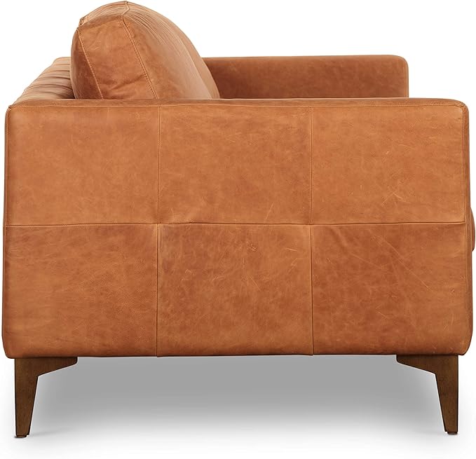Poly & BARK Calle 90" Sofa Full-Grain Pure-Aniline Italian Leather in Cognac Tan, Solid Wood Legs