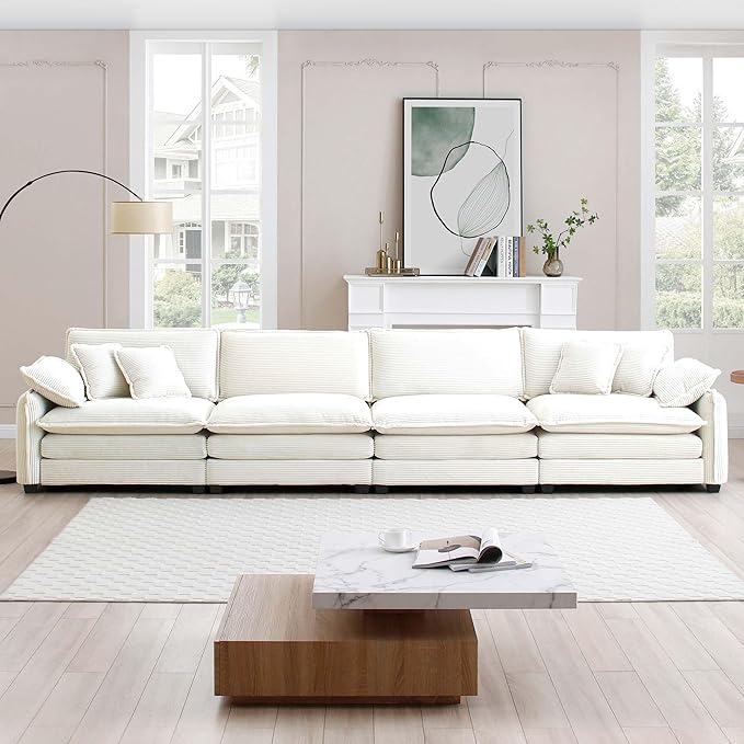 KEIKI 150" Oversized Corduroy Modular Sectional Cloud Sofa with High-Density Foam Cushions, Removable Armrests, Upholstered Modern 4-Seater Fluffy Corner Couch with 6 Pillow, for Living Room, Beige