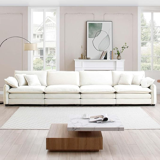 KEIKI 150" Oversized Corduroy Modular Sectional Cloud Sofa with High-Density Foam Cushions, Removable Armrests, Upholstered Modern 4-Seater Fluffy Corner Couch with 6 Pillow, for Living Room, Beige