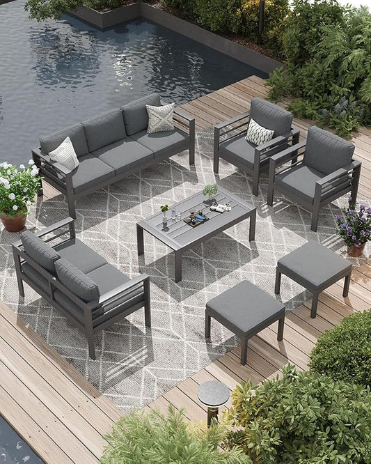 AECOJOY Aluminum Patio Furniture Set, 9 Seats Modern Outdoor Furniture with Coffee Table, 7 Pieces Metal Conversation Sectional Sofa, Dark Gray
