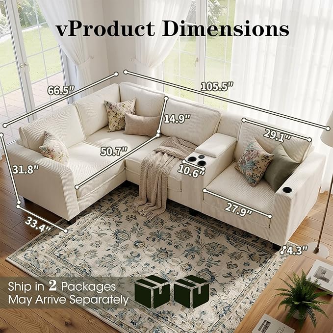 105.5" L-Shaped Corner Sectional Sofa with Multi-Functional Storage Console for Home Apartment, Comfy Corduroy Upholstered Cloud Couches W/USB-C Charger & Cupholders