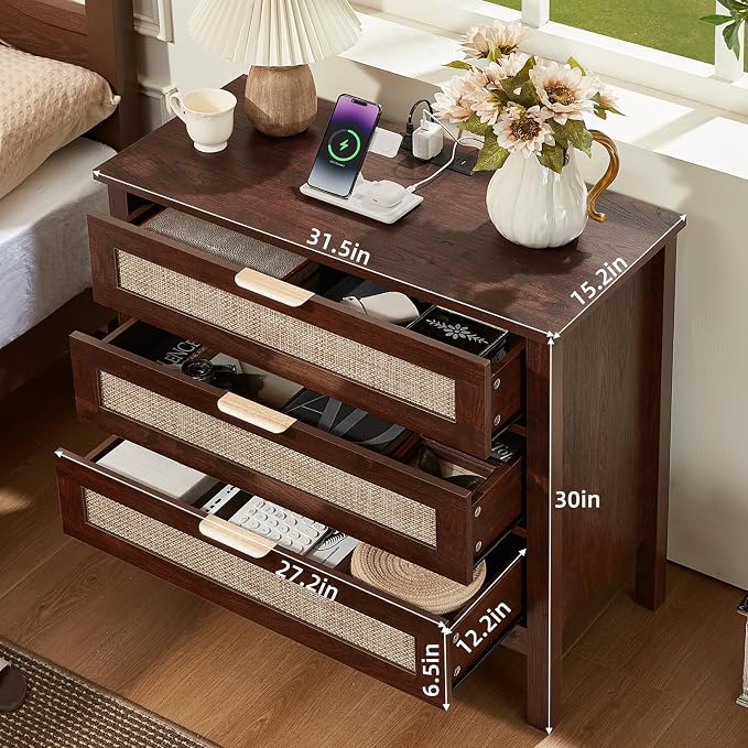LEYAOYAO 31.5" Wide Rattan Nightstands Set of 2 with Charger Station, Large Boho 3 Drawer Night Stand, Retro Walnut Bedside Table with Storage, Bed Side End Tables for Bedroom, Living Room, Hallway - Image 2