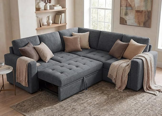 HONBAY Modular Sectional Sofa with Pull Out Bed Convertible L Shaped Couch with Storage Seat Sleeper Sectional Couches for Living Room,Warm Bluish Grey