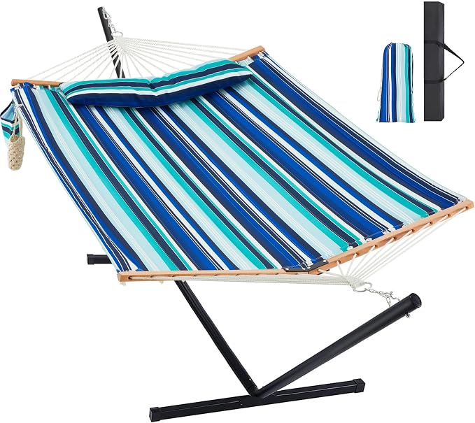 Homgava Two Person Hammock with Stand for Outside Heavy Duty, Outdoor Patio Hammock with Portable Steel Stand, Large Double Hammocks,480lbs Capacity.(Blue Stripes) by HomgavaLiveWhatYouLove