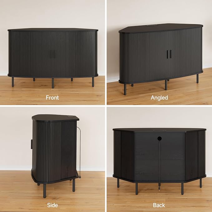 ONBRILL 47" Corner TV Stand, Fluted TV Cabinet with Sliding Doors Fits up to 55 Inch TVs, Modern Corner Entertainment Center with Power Outlet, Wood Media Console Table with Storage, Black - Image 8
