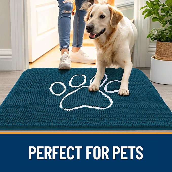 OLANLY Dog Door Mat for Muddy Paws 47x32, Paw Print Design, Absorbs Moisture and Dirt, Absorbent Non-Slip Washable Doormat, Quick Dry Chenille Mud Mat, Entry Indoor Entryway Carpet, Atlantic Blue - Image 6