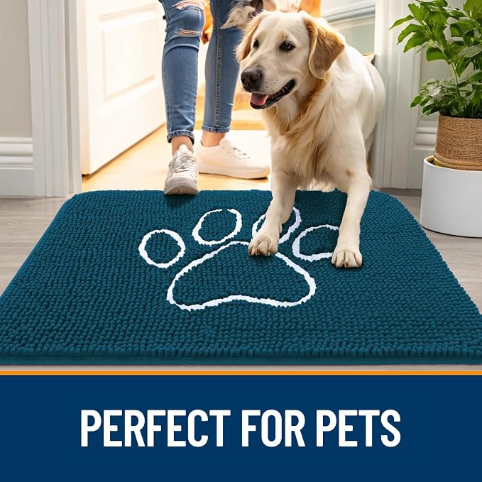 OLANLY Dog Door Mat for Muddy Paws 35x24, Paw Print Design, Absorbs Moisture and Dirt, Absorbent Non-Slip Washable Doormat, Quick Dry Chenille Mud Mat, Entry Indoor Entryway Carpet, Atlantic Blue - Image 6