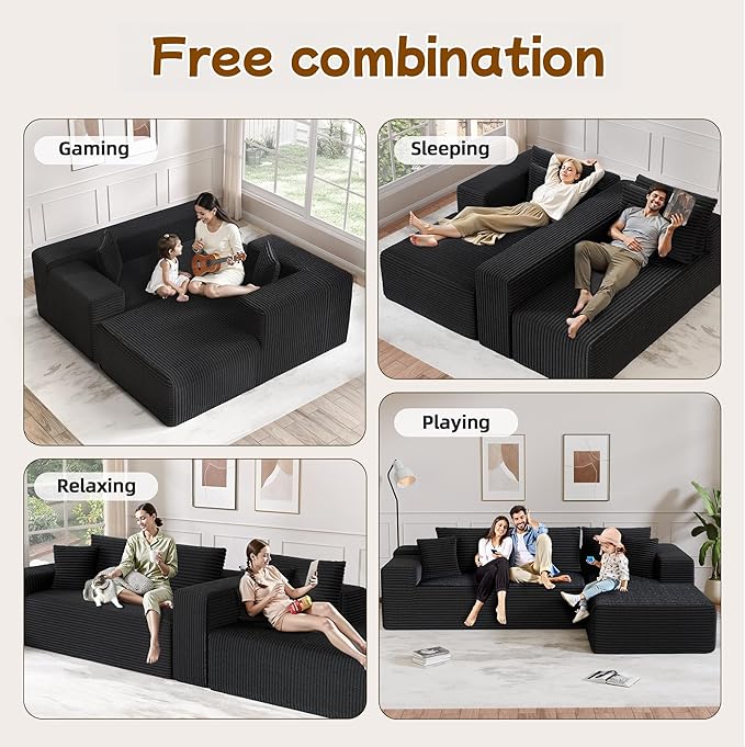 L-Shape Cloud Sectional Sofa, 104” Modern Modular Boneless Couch with Right Chaise Lounge, Compressed Floor Sofa with 5 Pillows & Deep Seat, Flannel Velvet Couch for Living Room, Black