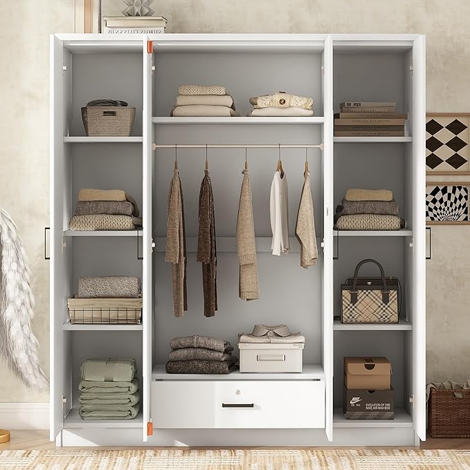 Merax 4 Doors Closet Wardrobe with Mirror Door and Hanging Rail, Wood Closet Organizers and Storage with One Drawer and Two 4-Tier Storage Shelves, Top Cabinet for Bedroom, Laundry Room, White