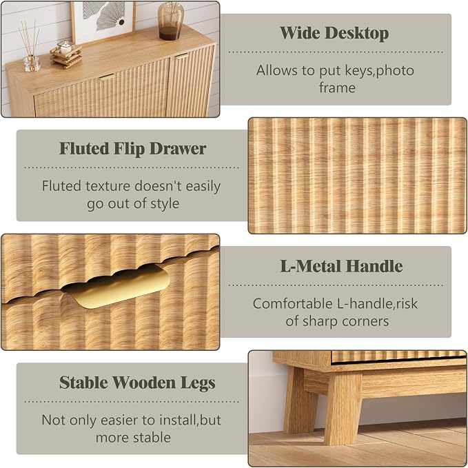 Shoe Cabinet Storage for Entryway with 3 Flip Drawers & Side Cabinet, Fluted Narrow Shoe Organizer with Wooden Leg, Freestanding Shoe Storage Hidden Shoe Rack Organizer for Front Door Entrance, Oak - Image 5