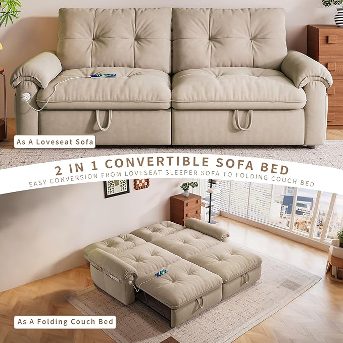 KEIKI 77" Modular Sectional Sofa with Pull-Out Bed, Convertible Sleeper Sofa Bed, 3-Seater Sleeper Sofa Couch for Living Rooms, Bedroom, Apartment, Brown