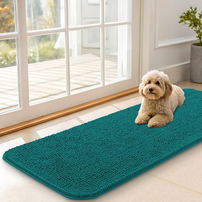 OLANLY Dog Door Mat for Muddy Paws 47x17, Absorbs Moisture and Dirt, Absorbent Non-Slip Washable Doormat, Quick Dry Chenille Mud Mat for Dogs, Entry Indoor Entryway Carpet for Inside Floor, Lake Blue by OLANLY