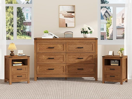 EazeHome 3 Piece Bedroom Set - Includes 6 Drawer Dresser for Bedroom, Set of 2 Nightstands with Open Storage Shelf and Drawers, Retro Dresser and Nightstand Sets, Rustic Brown