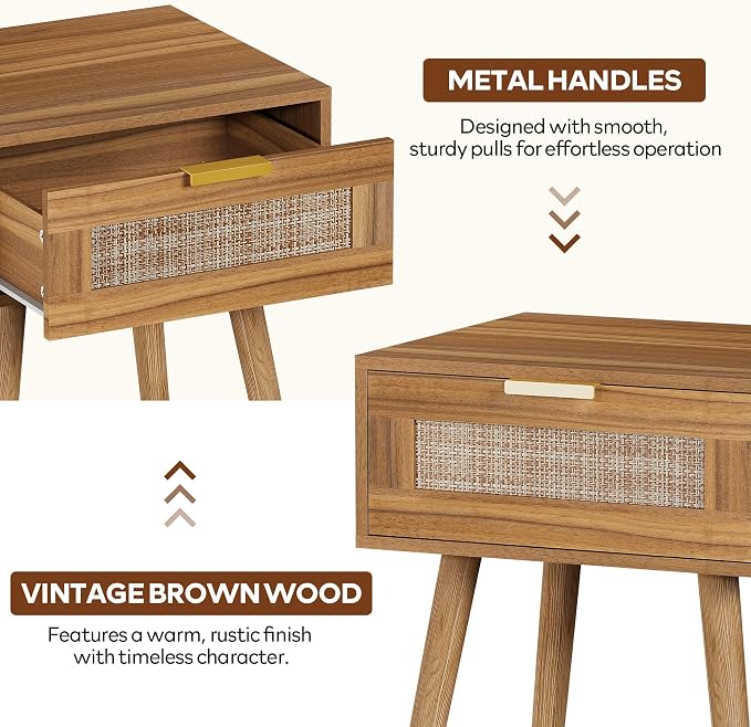 LAZZO Set of 2 Bedroom Nightstands Wooden Night Stands with Rattan Weaving Drawer Home Bedside End Table for Bedroom Storage - Image 5