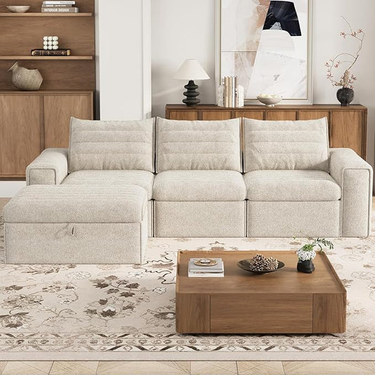 106.7" Modular Sectional Sofa with Deep Seat, Comfortable Upholstery L Shaped Cloud Couch for Living Room, 3-Seater Boneless Sofa with Movable Ottomans, Removable Cover, No Assembly Required, Apricot