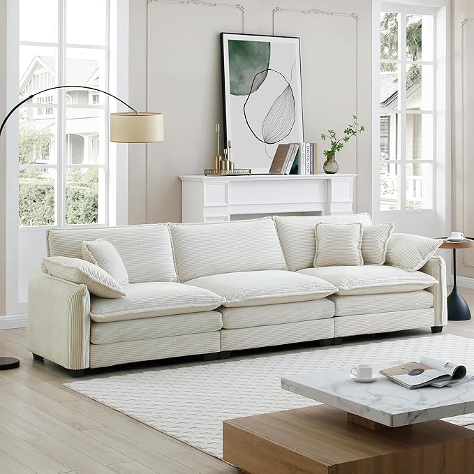 KEIKI 115" Oversized Corduroy Modular Sectional Cloud Sofa with High-Density Foam Cushions, Removable Armrests, Upholstered Modern 3-Seater Fluffy Corner Couch with 5 Pillow, for Living Room, Beige