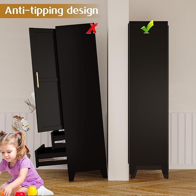 GAIOUS Steel Pantry Cabinet, 71" Metal Storage Cabinets with 2 Doors, 2 Adjustable Shelf and 2 Drawers, Freestanding Storage Cabinet for Bedroom, Kitchen, Home Office (Black)