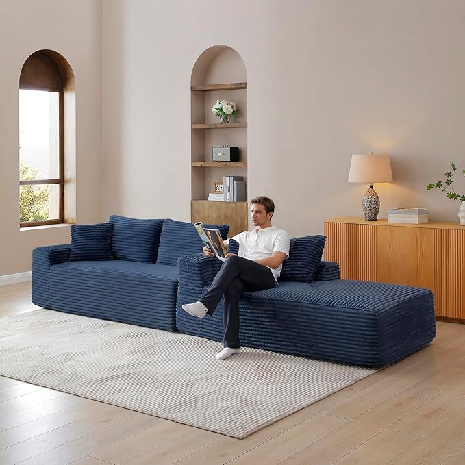 105-Inch L-Shaped Right Facing Corner Compressed Sofa Modular Sectional Boneless Cloud Sofa Floor Foam Couch with Chaise Lounge, Corduroy Corner Boneless Cloud Couch