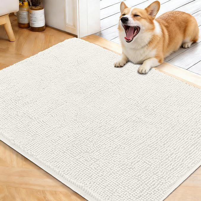 OLANLY Dog Door Mat for Muddy Paws 40x32, Absorbs Moisture and Dirt, Absorbent Non-Slip Washable Doormat, Quick Dry Chenille Mud Mat for Dogs, Entry Indoor Entryway Carpet for Inside Floor, Ivory by OLANLY