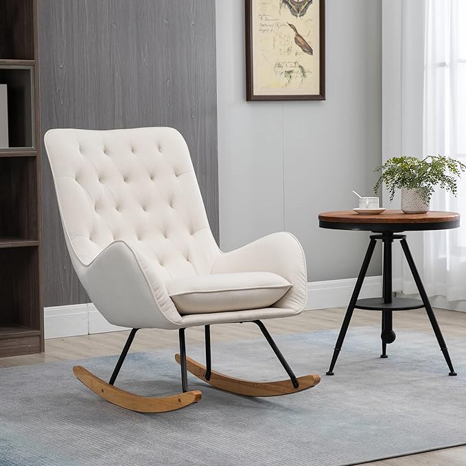 HOMCOM Mid-Century Fabric Rocking Chair Sofa Armchair Tufted Rocker Wingback Accent Chair with Padded Seat, Rubber Wood Base for Home Studio, Bedroom, Living Room, Cream White