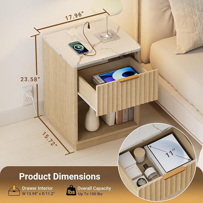 Fluted Nightstand, Night Stand Set 2, Nightstands Set of 2 with Charging Station and Faux Marble Top, Wooden End Table with Drawer, Modern Bedside Table for Bedroom Living Room, Natural Oak - Image 2