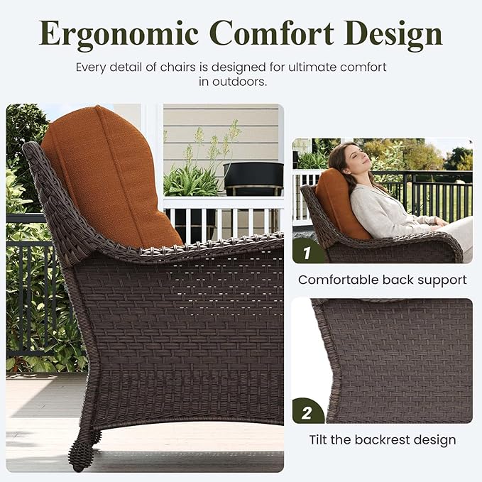LayinSun 3 Piece Wicker Outdoor Furniture Set with 6-inch Comfy Cushions, High Back Patio Furniture Set with Rattan Armchairs and Side Table