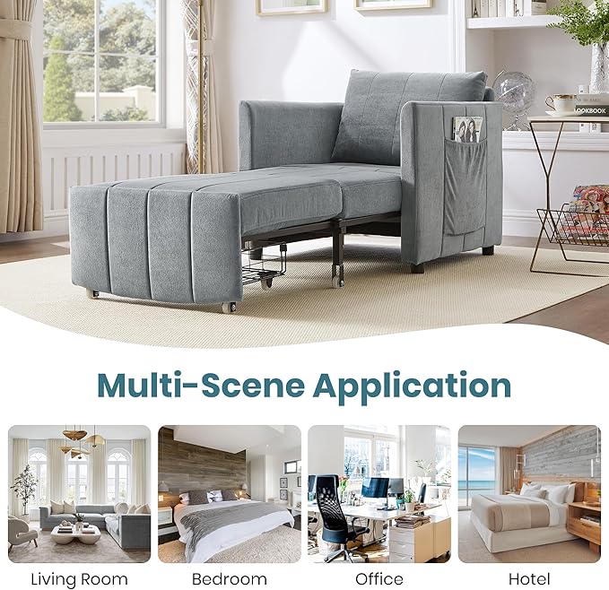 Ball & Cast 31.5" Convertible Pull-Out Sleeper Sofa Bed,Chenille Upholstered Pull Out Couch Chair,3 in 1 Single Sofa Chair W/Storage Basket and Side Pocket,Recliner Chaise Lounge for Living Room,Grey