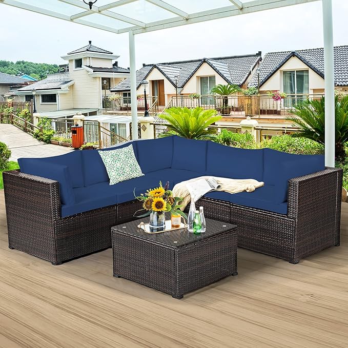 Tangkula 6 Pieces Patio Furniture Set, Outdoor Rattan Sofa Set, Wicker Conversation Set w/Tempered Glass Coffee Table & Cushions, Sectional Sofa Set for Backyard, Garden, Balcony, Poolside