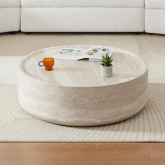 Round Coffee Table for Living Room, Modern Circle Coffee Table Faux Mars Pattern Center Table for Apartment, No Need Assembly (Marble, 39.37 Inch)