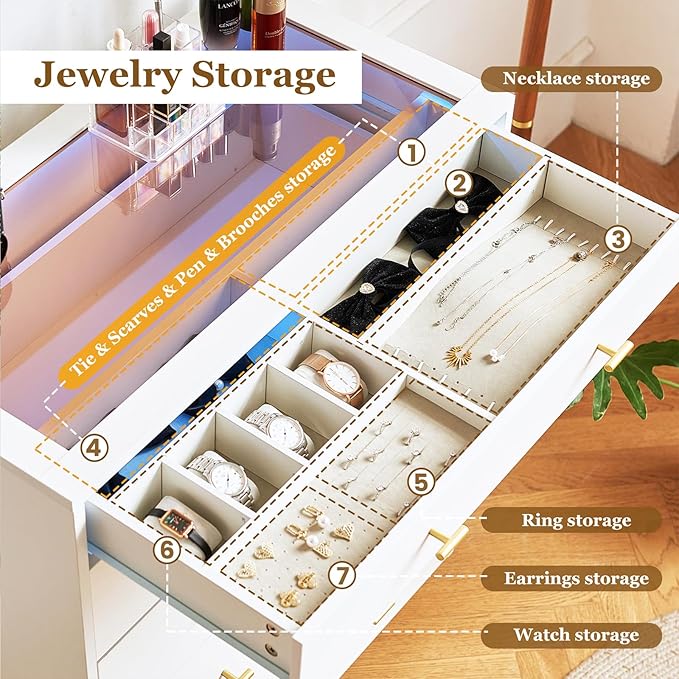 Closet Island with Drawers, Glass Top, Closet Island with LED Lights, Jewelry Dresser Display and Bedroom Island & Walk-in Closet Island for Bedroom, Cloakroom, White