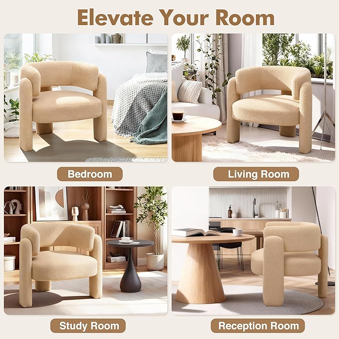 Accent Chairs Set of 2, Modern Sherpa Barrel Chairs, Upholstered Living Room Chairs with 3 Legs, Comfy Armchair Reading Side Chair for Bedroom, Office, Apartment, Khaki