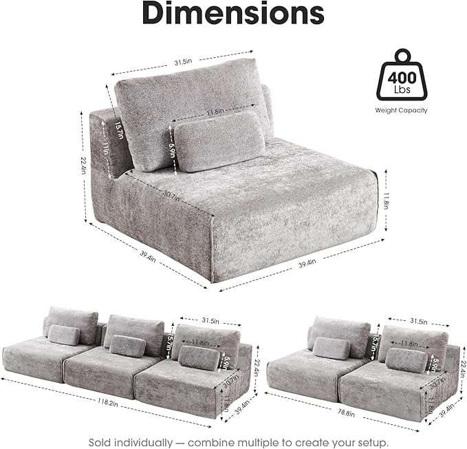 Modular Sectional Sofa, 2-Piece Grey Plush Velvet Loveseat Couch, No-Assembly Compressed Deep-Seat 2-Seat for Small Spaces Living Rooms Apartments