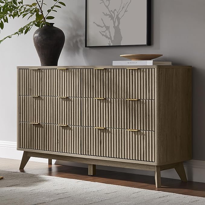 T4TREAM Fluted 6 Drawers Dresser, 54" Wide Modern Chest of Drawers, Curved Profile Design, Dresser TV Stand, Wood Drawer Organizer for Bedroom, Living Room, Hallway, Grey Alder by T4TREAMFurniture