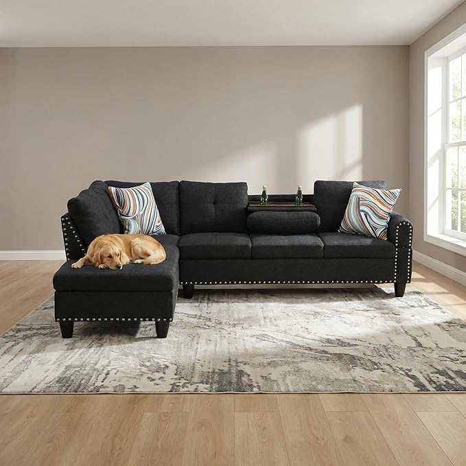 L-Shaped Sectional Couch with Cup Holders, Living Room Sofa with Lounge Chaise, Modern 4 Seater Sofa Couch for Living Room, Small Apartment & Office, Black Gray