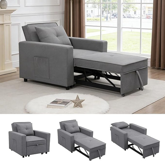 3-in-1 Convertible Sleeper Chair, Sleeper Sofa Bed with Side Pocket, Lazy Sofa Bed with Adjustable Backrest, Recliner Chair for Living Room, Apartment, Dorm, or Office, Gray