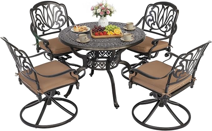5-Piece Cast Aluminum Outdoor Patio Dining Set, All Weather Cast Aluminum Outdoor Furniture Dining Set for Patio, Balcony, Garden, Backyard w/4 Swivel Chairs & Cushions, 2.0" Umbrella Hole by Sumshadow