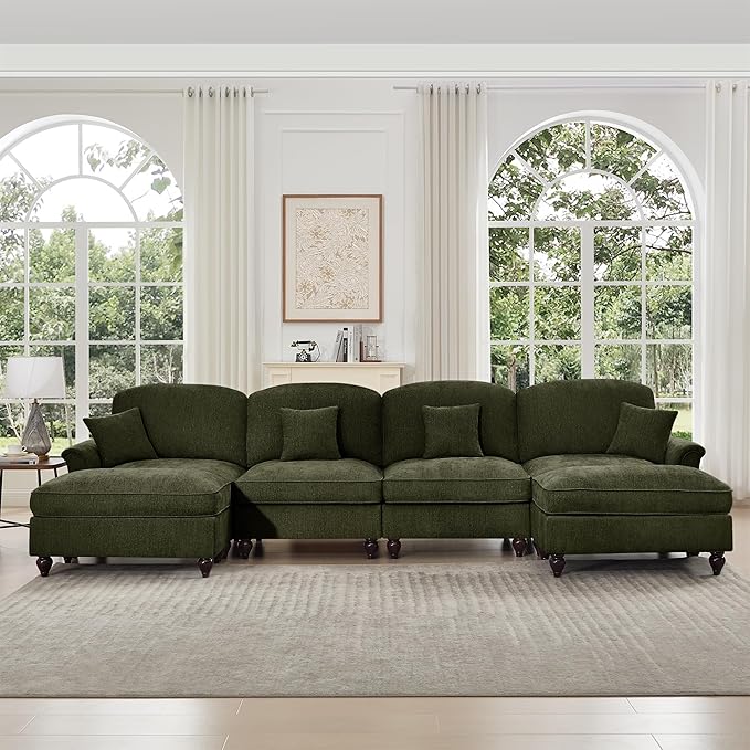 KEIKI Mid Century Modular Sofa with Flared Arms and Skirted Design, 137“ Oversized 4-Seater with 2 Ottomans Luxury Chenille U-Shaped Sectional Couches for Living Room, Chaise Lounge Indoor, Green