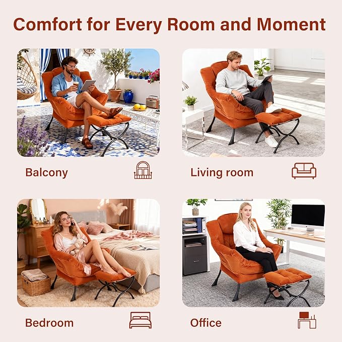 Lazy Chair with Ottoman, Modern Accent Chair Contemporary Sofa Chair with Armrests, Reading Chair and Folding Footstool Set for Living Room, Bedroom, Orange