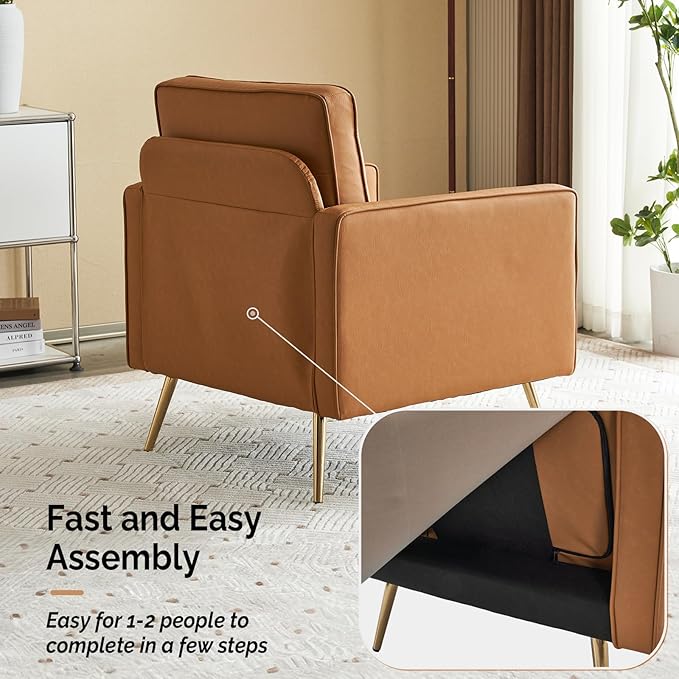 VINGLI PU Leather Accent Chair Brown Mid Century Modern Upholstered Sofa Chairs with Arms, Gold Legs for Living Room, Bedroom, Apartment