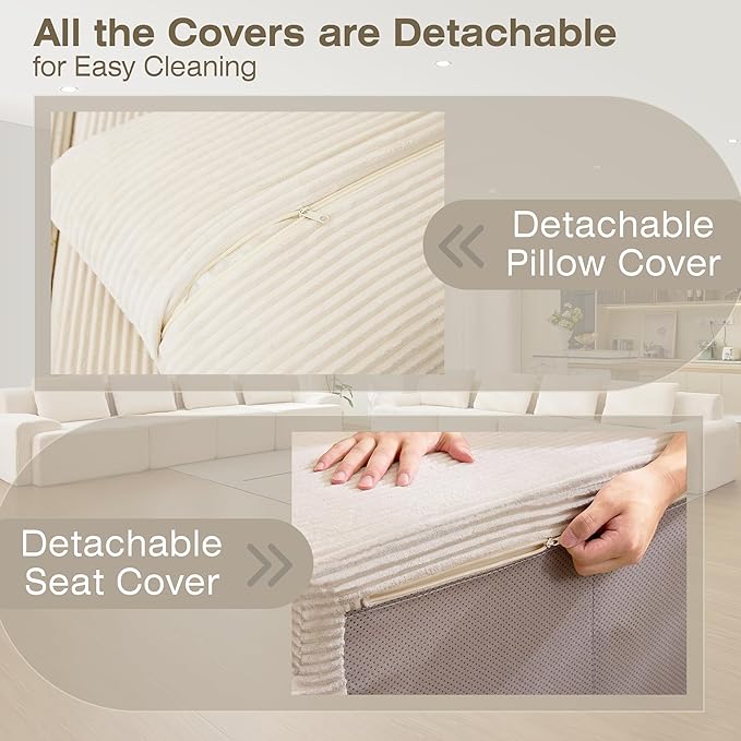 Modular Sectional Sofa, 6 Seat Modular Couch, Modular Sofa with Deep Seat and Detachable Pillow (White, 8 Pieces-Rowshape 2 Side)