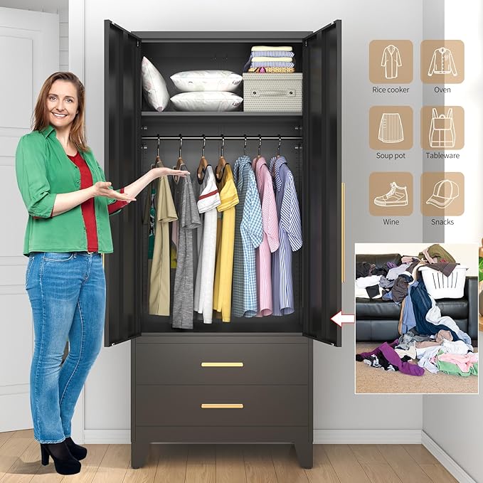 75.3" Tall Metal Armoire Wardrobe Closet with 2 Doors and 2 Drawers, Adjustable Hanging Rod and Adjustable Shelf, Freestanding Storage Cabinet Organizer for Bedroom, Office, Laundry Room，Black