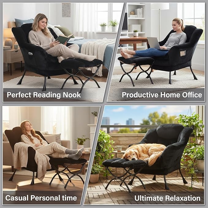 Plush Black Lazy Chair with Ottoman, Large Contemporary Accent Chair with Side Pocket, Modern Leisure Upholstered Reading Armchair with Footrest for Office, Bedroom, Living Room, Balcony