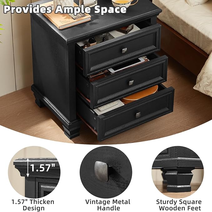 SAVOR LIFE Farmhouse Nightstand with 3 Drawers, Rustic Couch End Table with 4 Square Solid Wood Legs, Mid-Century Modern Bed Side Table with Storage, Small Dresser for Bedroom, Living Room, Black - Image 6